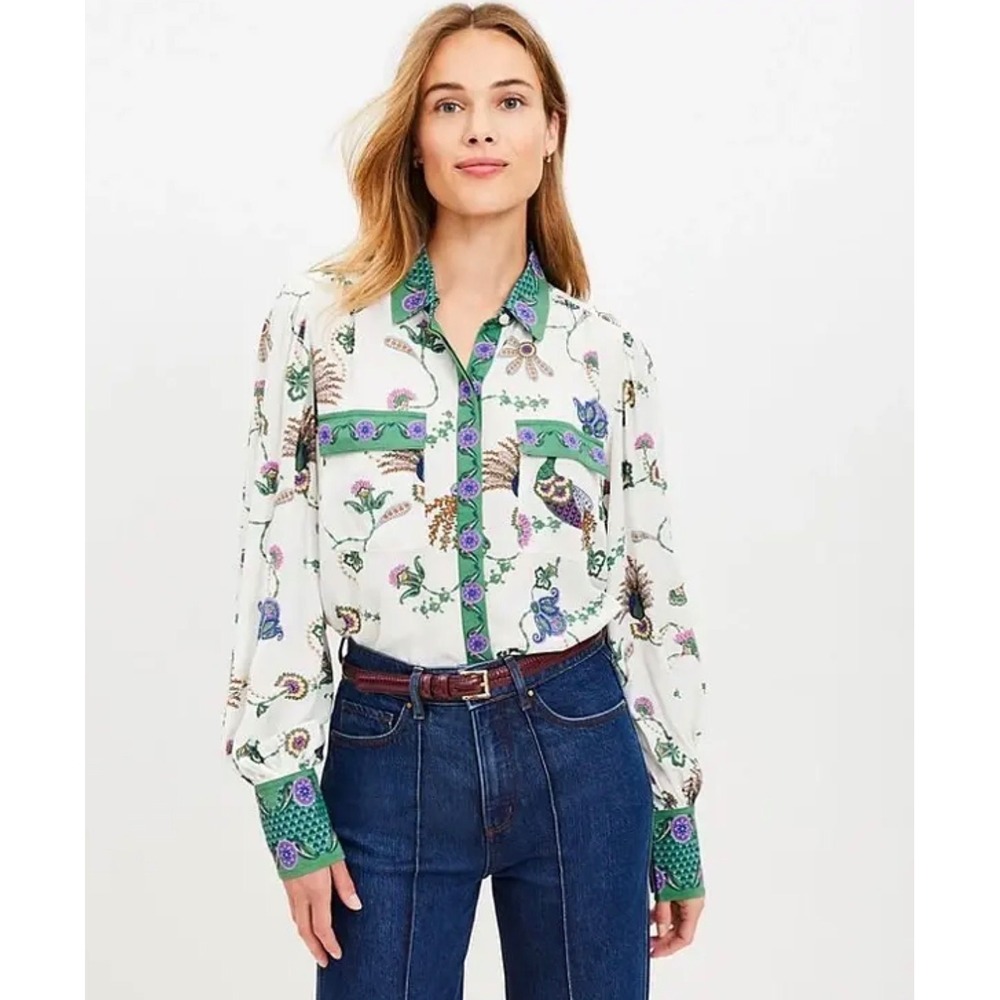 LOFT Pheasant Crepe Pocket Shirt XXL Peacock Floral Boho Button Down